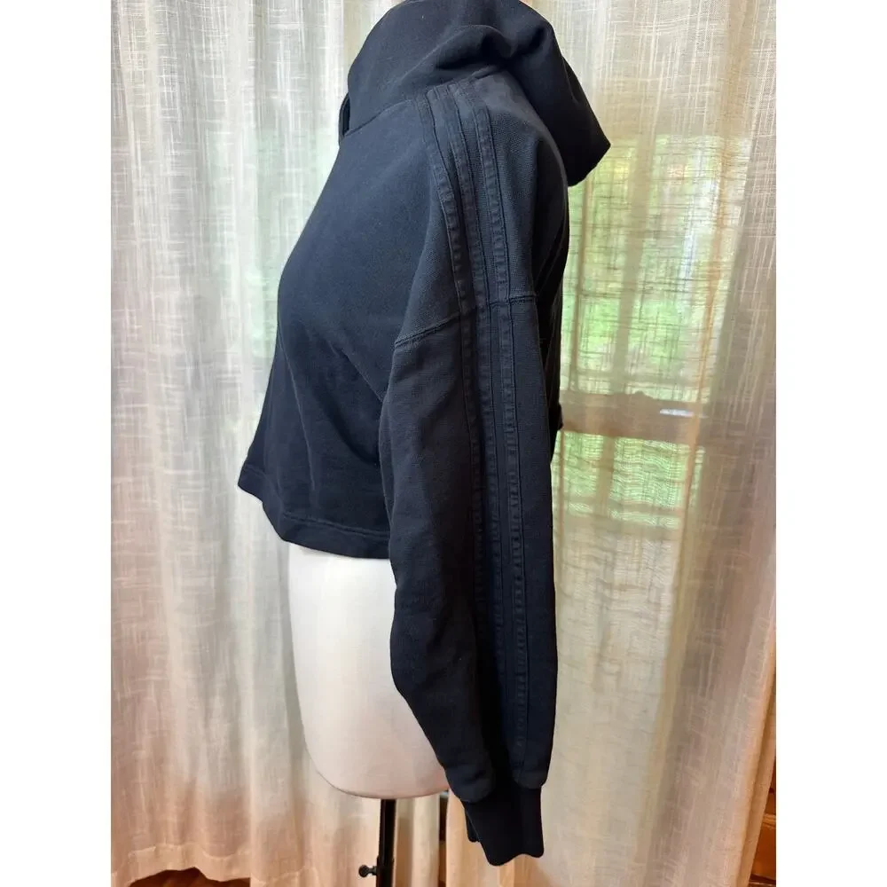 Adidas Womens Medium Cropped Hoodie Black Tonal Logo Oversized Sweatshirt M